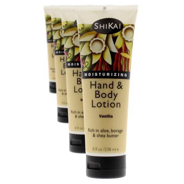ShiKai - Vanilla Hand & Body Lotion, Plant-Based, Perfect for Daily Use, Rich in Botanical Extracts, Makes Skin Softer & More Hydrated, Formulated for Dry, Sensitive Skin, Thick Texture (8 oz, 4-Pack)
