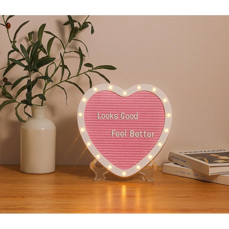 G GAMIT Heart-Shaped Felt Letter Board with Built-in LED Lights,10x10