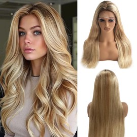 Highlight Blonde Lace Front Wigs Human Hair 180% Density 13X6 HD Transparent Glueless Wigs Human Hair for Women 28 Inch Ombre Highlights Brown to Blonde Lace Front Wig Pre Plucked with Baby Hair