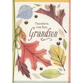 Designer Greetings Thankful for You, Grandson: 3D Die Cut Leaves and Sequins Hand Decorated Thanksgiving Card for Grandson