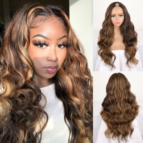 LEOSA Brown Highlighted V Part Wig Body Wave For Black