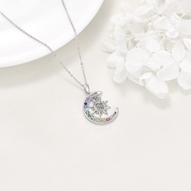URONE Sun and Moon Necklace Sterling Silver Celtic Crescent Moon Pendant Chakra Yoga Jewellery Gifts for Women, Sterling Silver, Zirconia gemstone