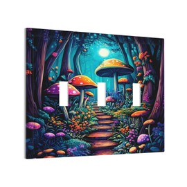 Fantasy Forest Boho Mushroom 3 Gang Light Switch Cover Decorative Vintage Floral Triple Toggle Wall Plate Floral Botanical Three Socket Wall Panel Cover Panel for Bathroom Kitchen Decor