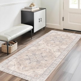 TTelephant Boho Tribal Runner Rug - 2x6 Hallway Runner Rugs with Non-Slip Backing Low-Pile Boho Washable Distressed Printed Rug for Hallway Kitchen Farmhouse Bathroom Laundry Room Bedroom- Light Blush