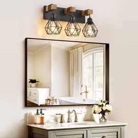 Farmhouse Vanity Light for Bathroom, 3-Light Wood Bathroom Vanity Light Fixtures Over Mirror, Rustic Sconces Wall Lighting with Metal Lampshade for Living Room, Bedroom, Hallway