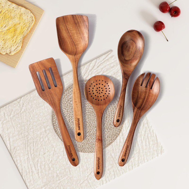 Mooues Wooden Spoons for Cooking, 5 Pcs Wooden Utensils for