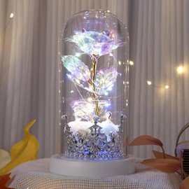 San Valentín para mujer, rosa eterna iluminada con corona de plata, rosas blancas artificiales LED sobre base blanca, regalo de cumpleaños para mamá, esposa, novia (blanco)