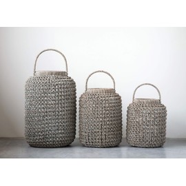 Creative Co-Op Small Whitewashed Woven Water Hyacinth Lantern with Glass Insert & Handle