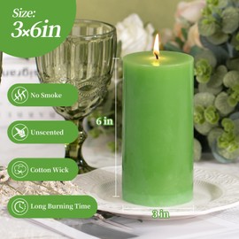 KONNI Green Pillar Candles Set of 3, 3"x 6" Unscented Pillar Candles Bulk, 56 Hours Long Burning Candles, Smokeless&Dripless Large Round Candle for Wedding, Home Decoration, Parties, Spas, Dinner