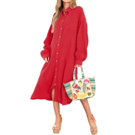 R.Vivimos Women's Long Sleeve Cotton Oversized Dress Casual Button Down Loose Slit Midi Dress with Pocket (Medium, Red)