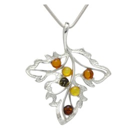 LIGURIUS NATURAL BALTIC AMBER STERLING SILVER 925 NECKLACE PENDANT Multicoloured Leaf Gemstone For Women & Silver Adjustable CHAIN Snake 45cm - 50 cm, Gift set