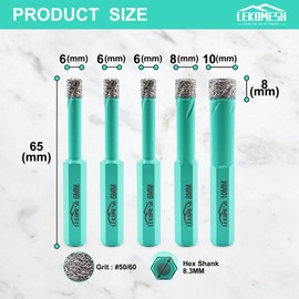 LEKOMESH Diamond Core Drill Bits Tile Hole Saw Cutter 6/6/6/8/10MM HEX Shank Dry Drilling for Porcelain Ceramic Tile Granite Marble Stone Vacuum Brazed Diamond Drill Bits