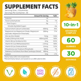 Calcium Magnesium Zinc Gummies with Vitamin D3, Sugar Free Calcium Supplement for Women Men, High Potency Magnesium Gummy for Bone & Muscle & Immune Health, Pineapple Flavor - 60 Count