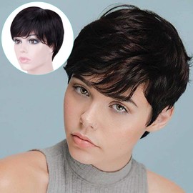 Becus Real Hair Wig Women's Short Pixie Cut Short Straight Layered Short Hair Wig Black with Short Hair for Daily Party Wear Costume Party (Natural Black # 1B)