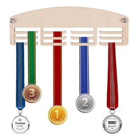 AHANDMAKER Wooden Medal Holder with 12 Hooks, 11.8 Inches/30 cm Medal Hanger, Display Stand, 3-Line Wall Mount for Sports Awards, Runners