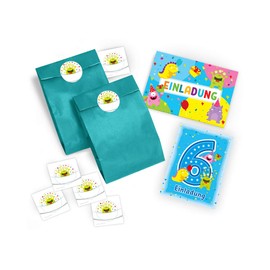 Set of 12 Invitation Cards, Envelopes, Bags, Stickers for 6th Children's Birthday Party for Girls and Boys Funny Monster Blue