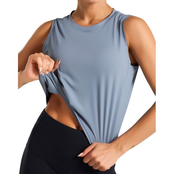 Dragon Fit Women Sleeveless Yoga Tops Workout Cool T-Shirt Running Short Tank Crop Tops (Blue, Large)