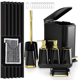 InnJoey Bathroom Accessories Set - 23 PC Black Bathroom Set, Luxurious Bathroom Set with Stainless Steel Slim Bathroom Trash Can with Lid, Bathroom Sets with Shower Curtain and Rugs