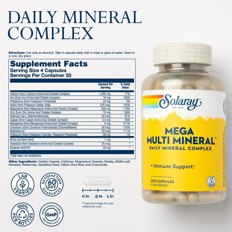 SOLARAY Mega Multi Mineral Supplement 200 Count Chelated Minerals for