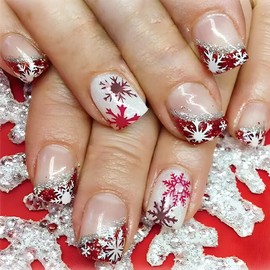 24Pcs Christmas Red French Tip Shiny Grab-On Nails - Medium Square, Snowflake Acrylic Glitter Set - White & Red