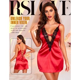 RSLOVE Women's Sexy Negligee Satin Night Dress with Spaghetti Straps Lace V-Neck, red