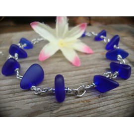 Cobalt Blue Sea Glass Silver Chain Link Statement Chunky Rhinestone Crystal Bangle Fashion Jewelry Bracelet For Women Beach Glass Tumbled
