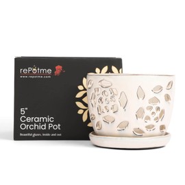 rePotme 5 inch Orchid Pot - Floral Cutout Ceramic Orchid Pot with Holes (White Diamond) - Includes 5 inch Slotted Pot Liner