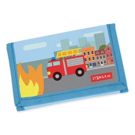 itenga Children's Wallet - Wallet and Neck Pouch - with Velcro Fastening, Drawstring Strap, Note Compartment and Coin Compartment Viewing Window for Girls and Boys, Motif fire brigade 2, Classic