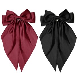 Hair Bows Silky Satin Bows Oversized Long Tail Hair Bow Clips Barrettes Big Bowknot Hair Accessories Trendy Stuff for Women Girl (Black + Dark Red)