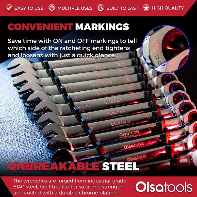 Olsa Tools Ratcheting Wrench Sets (Metric 12pc) - 6-Point Box
