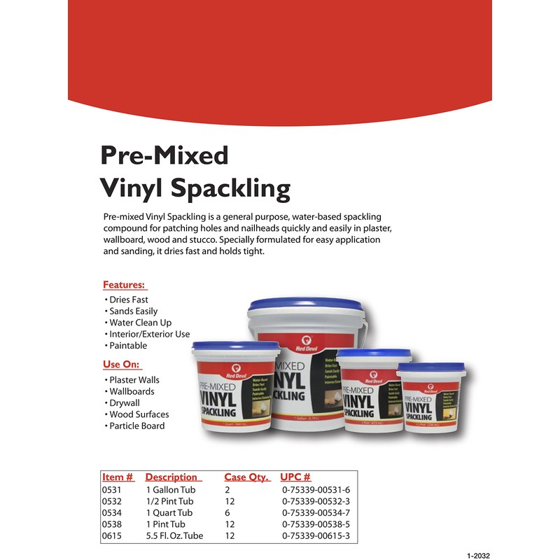 Red Devil 0534 Pre-Mixed Vinyl Spackling, 1 Quart, Pack of