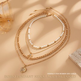 Fdesigner Boho Pearl Layered Sun Necklace Gold Moon Pendant Necklaces Chain for Women Trendy Stack Pearl Choker Necklace Set