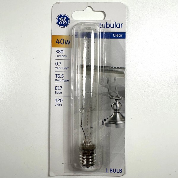 GE Tubular Clear T6.5 Bulb, E17 Intermediate Base, 40w, 380