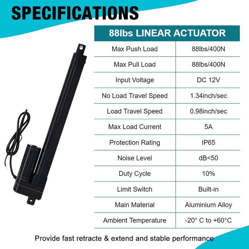 JQDML 6 Inch High Speed 1.34"/sec Linear Actuator 12V 88lbs/400N
