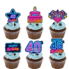 18pcs Blue Fluorescence Glitter Dessert Cupcake Topper Cheer to Let’s Glow Crazy Happy 40th Birthday Theme Decoration Supplies Anniversary Wedding Party Decor Supplies