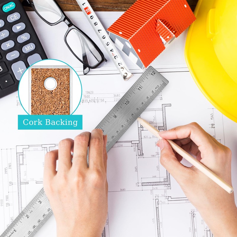 2 Pcs Cork Backed Ruler Stainless Steel Ruler, 6 Inch