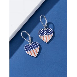 Cargari American Flag Earrings for Women, 925 Sterling Silver Heart Red White and Blue Birthstone Leverback Dangle Earrings, Independence Day Earring 4th of July Patriotic Jewelry Gift