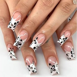 LWTZLW French Tip Press on Nails Black Flower Medium Square Fake Nails 3D with Rhinestones French Tip Full Cover Glue on Nail Floral Coffin Acrylic False Nail Glossy Artificial Nail Reusable for Women