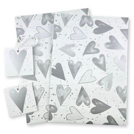 Hearts Metallic Silver Recyclable Gift Wrapping Paper - 2 Sheets and 2 Tags - Valentines - wedding - anniversary - birthday -Christening