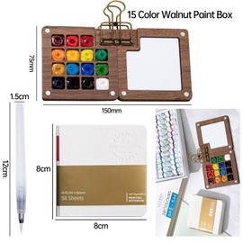 Aquarell-Reise-Set,Yiyifor Portable Aquarell Skizzenbuch,Reisefarben Set mit 15 Grids,Aquarellpapier Journal,Aquarellpinsel Stifte und Clip,Wassermalkasten,für Maler,Künstler,Studenten