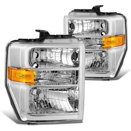 DNA MOTORING Headlamps Headlight Assembly Compatible WithFord E150 E250 08-14 / E350SD E350SD 08-21 / F650 F750 16-21, Pair, with Harness Adapters, Chrome/Amber, HL-OH-ESD08-CH-AM