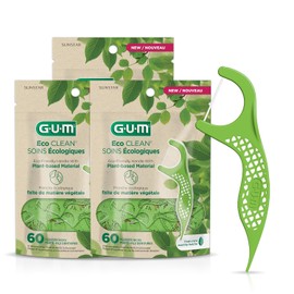 GUM Eco Clean Flosser Picks, promueve gomas más saludables, sabor a menta fresca, verde, 60 unidades (paquete de 3)