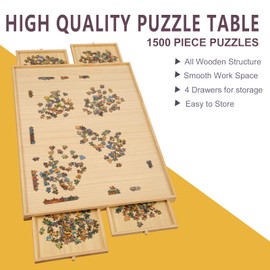 TEAKMAMA 1500 Piece Wooden Jigsaw Puzzle Table - 4 Drawers and Cover, 34'' X 26.1'' Puzzle Board | Jigsaw Puzzle Board | Puzzle Cover & Hangers & Glue Included