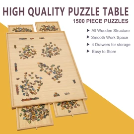 TEAKMAMA 1500 Piece Wooden Jigsaw Puzzle Table - 4 Drawers and Cover, 34'' X 26.1'' Puzzle Board | Jigsaw Puzzle Board | Puzzle Cover & Hangers & Glue Included