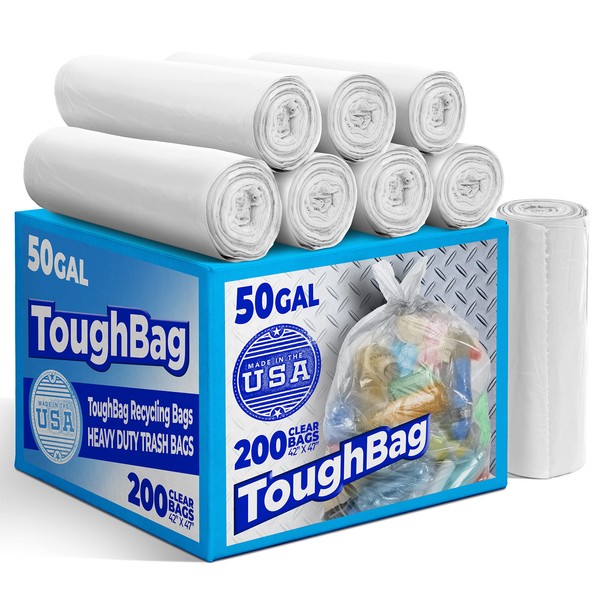 ToughBag 50 Gallon Trash Bags, 42 x 47" Clear Garbage Bags (200 COUNT) – Outdoor Industrial Garbage Can Liner for Outdoor, Construction, Lawn, Industrial, Leaf - Made In USA