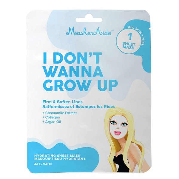 MaskerAide I Don’t Wanna Grow Up Firming Face Mask with Hydrolyzed Collagen, Hydrolyzed Elastin, Natural Ylang-Ylang Oil & Vitamin E, Firm & Soften Lines, Cruelty Free, Korean Skincare, 1 Pack