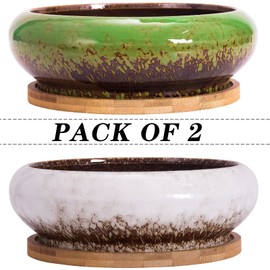 ARTKETTY Succulent Pots with Drainage, 2 Pack Large Succulent Planters Ceramic Bonsai Pots with Bamboo Trays, 7.3 Inch Round Shallow Pots for Indoor Cactus Flower Plants