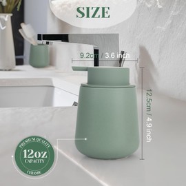 INGOFIN Ceramic Lotion Dispenser - 12oz Refillable Hand Soap Dispenser Bathroom, Modern Liquid Soap Dispenser with Pump, Dish Soap Dispenser for Kitchen, Matte Green