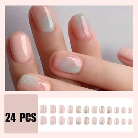 24 Pcs Pink Press on Nails Short Square Marble Fake Nails Design Pink Blue Gradient False Nails Stick on Nails Reusable Glossy Acrylic Nails for Women Nail Decoration