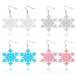 Whaline 4 Pairs Winter Snowflake Acrylic Earrings Christmas Clear Silver Blue Pink Glitter Dangle Earrings Xmas Drop Earrings for Women Jewelry Party Gift Accessories Supplies
